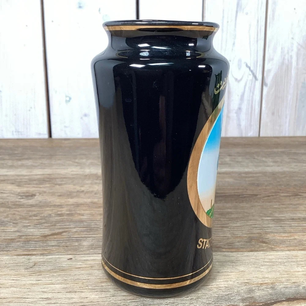The Art of Chokin State of Kuwait Black Glass Collector's Vase 24kt Gold 6" Tall - Picture 3 of 11